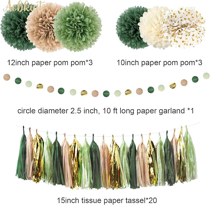 AOBKIAT Sage Green Wedding Party Decorations, Circle Dots Garland Paper Tassels - Image 3