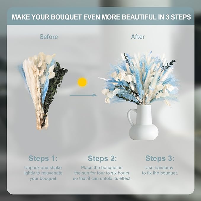 N&T NETING 101Pcs Blue Pampas Grass Decor Natural Dried Floral Pampas Grass - Image 6