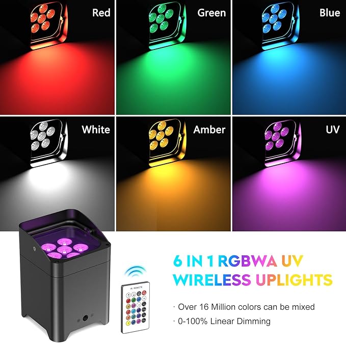 9600mAh Wireless Uplights, 6x18W RGBWA UV Rechargeable Stage Lights, - Image 3