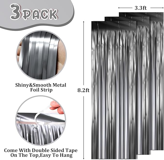 3 Pack 3.3 x 8.2 ft Matte Black Foil Fringe Backdrop Curtains, Fringe Backdrop - Image 2