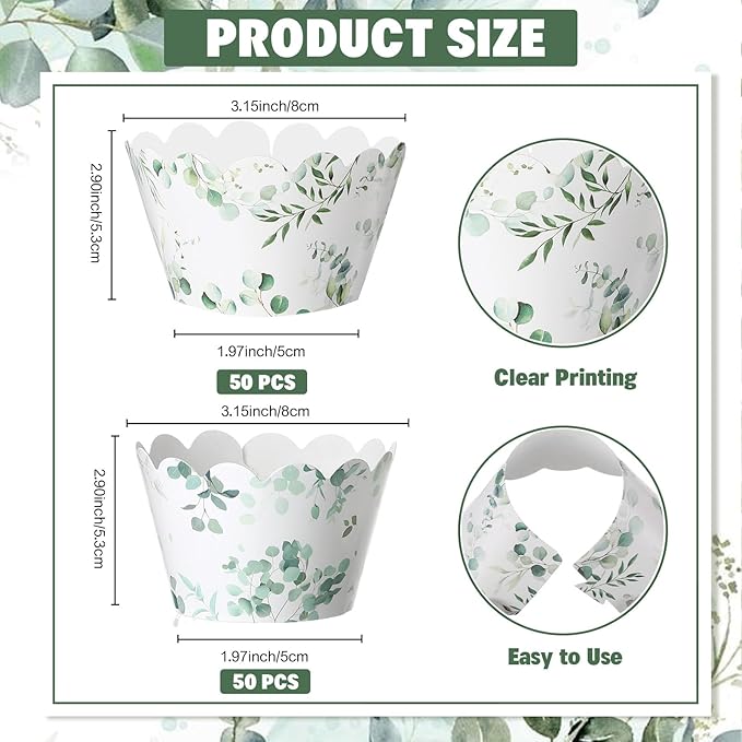 Domensi 100 Pcs Eucalyptus Cupcake Wrappers Rustic Cupcake Liners Green Tulip - Image 3