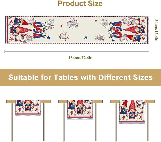 Cute Patriotic Gnomes Table Runner, American Independence Day 4th of July Gnome - Image 8
