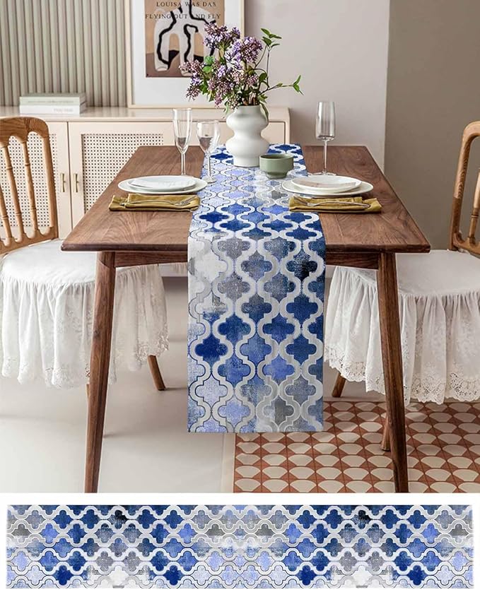 Blue Morocco Plaid Cotton Linen Table Runner - Image 6