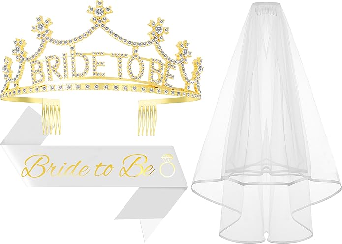 3Pcs Bride to Be Crown with Sash and Veil by Papoopy