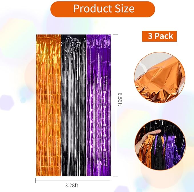TONIFUL 2Pcs Orange Purple Black Metallic Tinsel Foil Fringe Curtains, 3.28ft x - Image 2