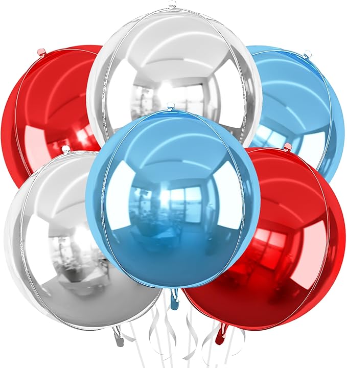 6Pcs Red Blue Silver Round Foil Balloons, 22inch 4D Metallic Balloons, Large by vibzox