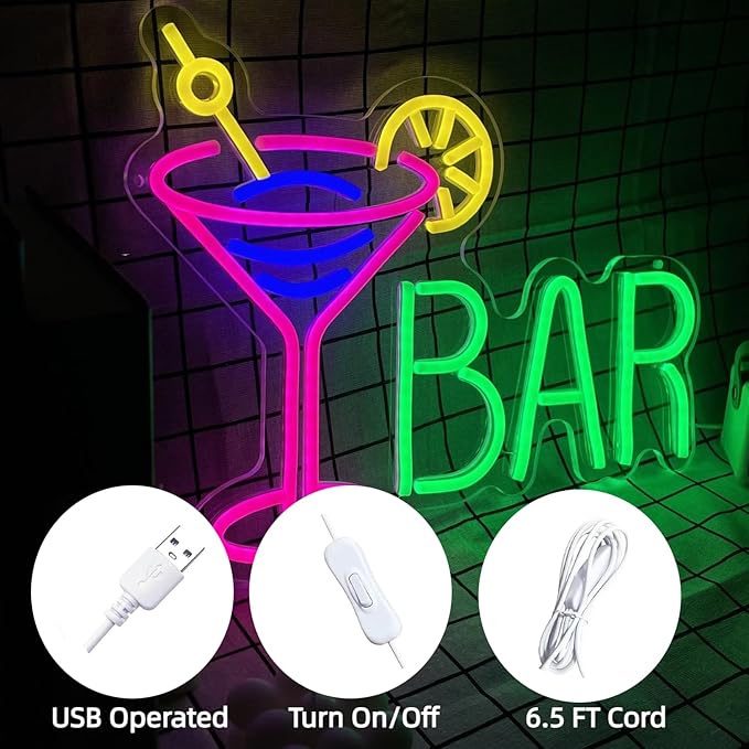 Neon Bar Sign USB-Powered Pink Bar Wall Decor - Image 2