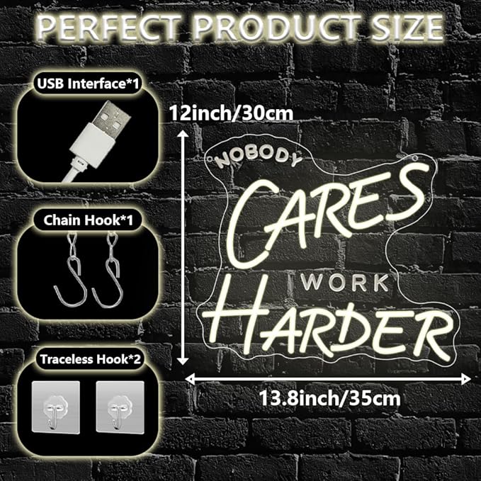 Nobody Cares Work Harder Neon Sign, Motivational Dimmable LED Light Signs - Image 3
