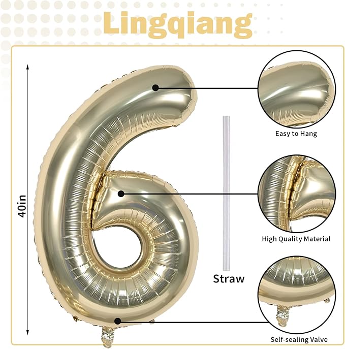 Champagne Gold Number 6 Balloon, 40In Large Foil Number Balloons Set 0-9 - Image 2