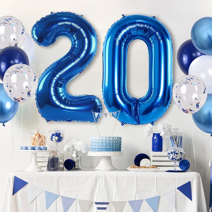 Dark Blue 20" Number 20 Balloon, Metallic Light Navy Blue Silver Confetti - Image 5