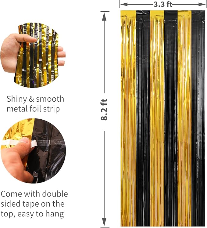 2 Pack Gold and Black Foil Fringe Curtains Streamers 3.3 x 8.2 ft, Tinsel - Image 2
