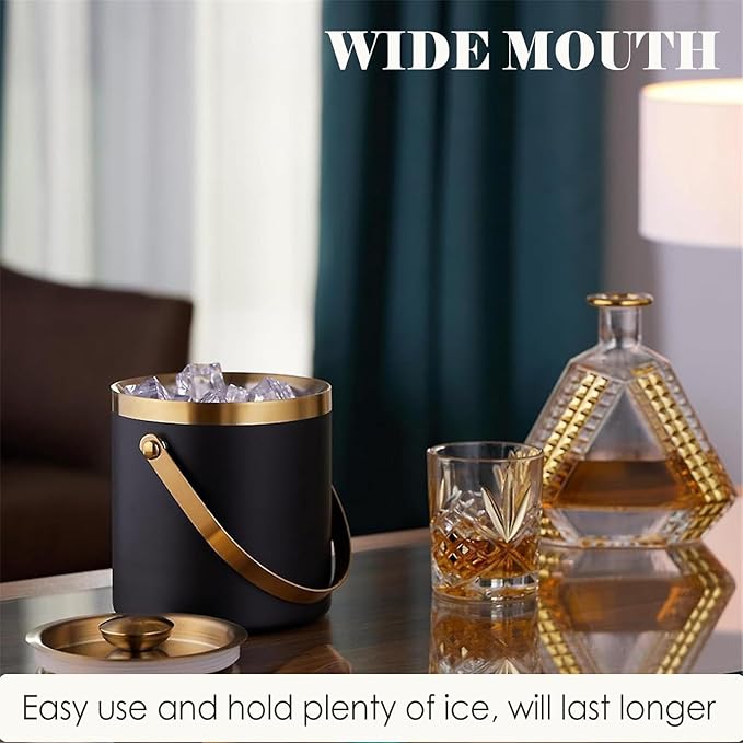 Insulated Ice Bucket with Lid, Handle and Tong Black Gold Stainless Steel - Image 5