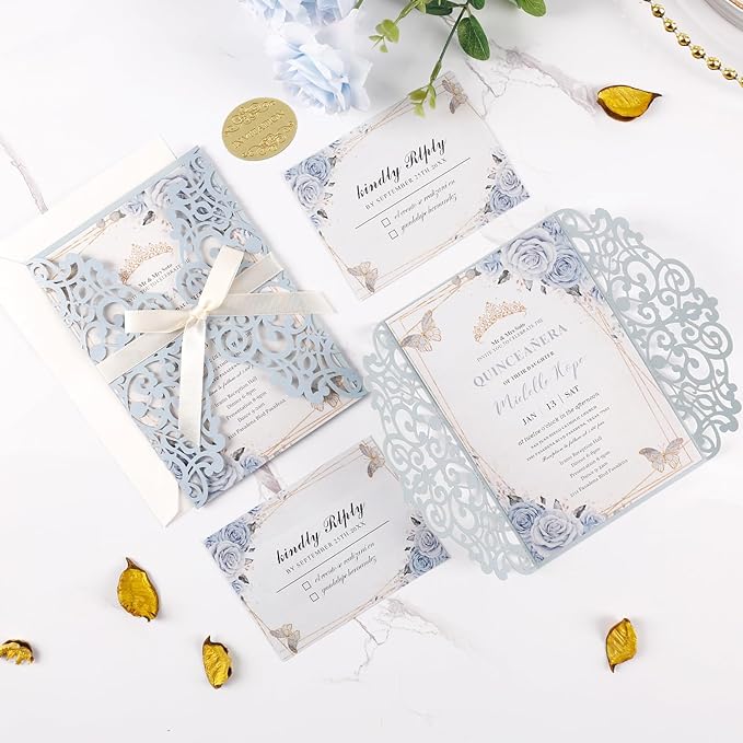 50pcs Laser Cut Wedding Invitation Pockets 5x7 '' Dusty Blue Wedding - Image 7