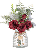 Faux Flowers with Vase, Artificial Silk Roses in Vase, Fake Plant Eucalyptus by VIERENA