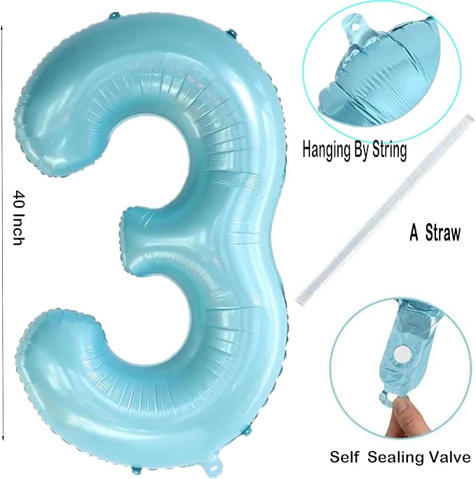 40 Inch Blue Large 0-9 Numbers Balloons, Digit 3 Helium Balloons, 3rd Year Old - Image 2