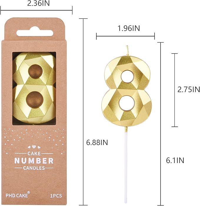 PHD CAKE 2.76 Inch Crystal Gold 8 Number Birthday Candles, Cake Number Candles - Image 6