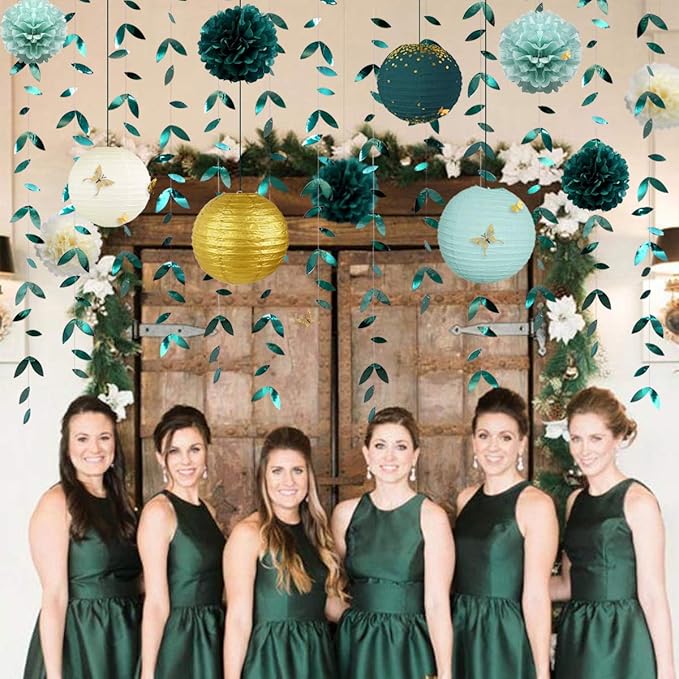 Hunter Green and Gold Hanging Tissue Lantern Flowers Pom Pom - Image 6