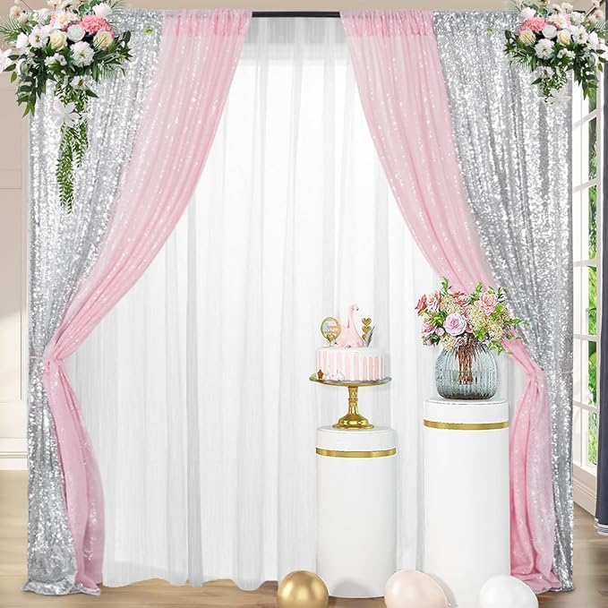 Juya Delight 4 Panels Silver&Pink Sequin Backdrop Curtain 2FTx8FT Glitter by JuyaDelight