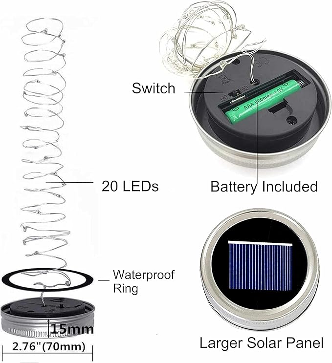 Decorman Solar Mason Jar Lid Lights, 6 Pack 20 LED Waterproof String Fairy Star - Image 3