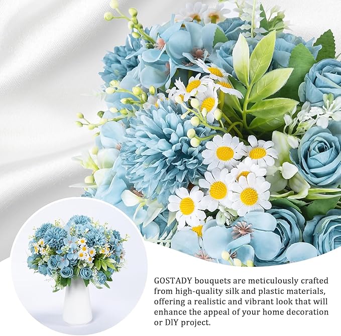 12 Bundles Artificial Flowers Blue Fake Rose Flower Mixed Chrysanthemum - Image 2