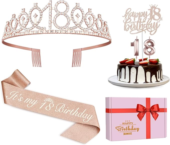 18th Birthday Decorations for Girls, Including Sash, Crown/Tiara, Cake Topper by JueslyBirthdayParty