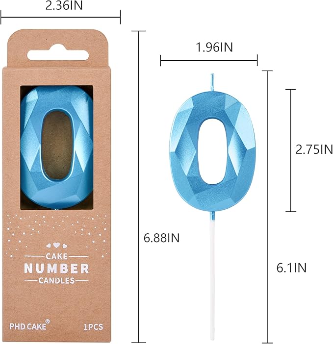 PHD CAKE 2.76 Inch Crystal Blue 0 Number Birthday Candles, Cake Number Candles - Image 6