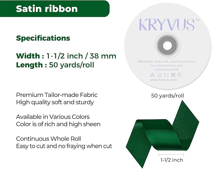 Green Satin Ribbon 1-1/2 inch X Continuous 50 Yards, Single Face Polyester - Image 3