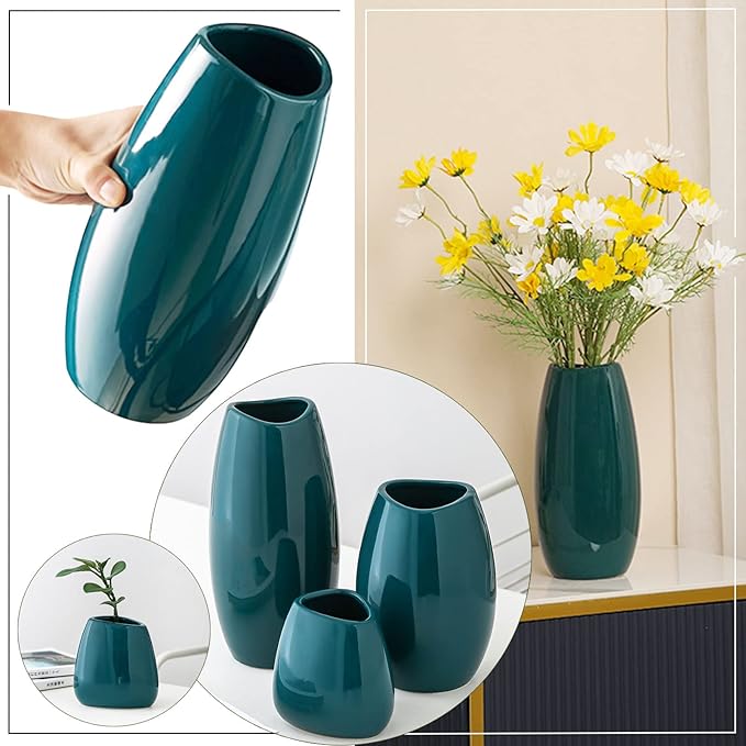 hjn Ceramic Vase Set of 3 Teal Flower Vase - Image 2