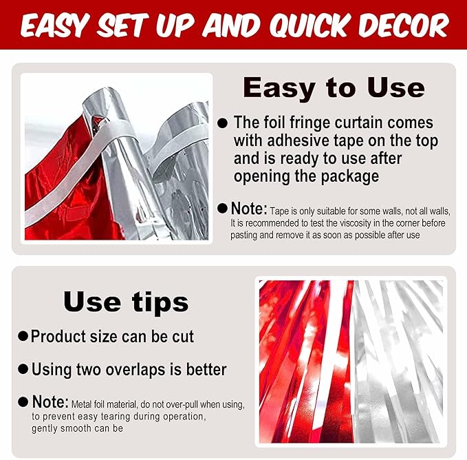 3 Pack Red Silver Foil Fringe Curtains Backdrop, 3.28 x 9.8 Ft Metallic - Image 3