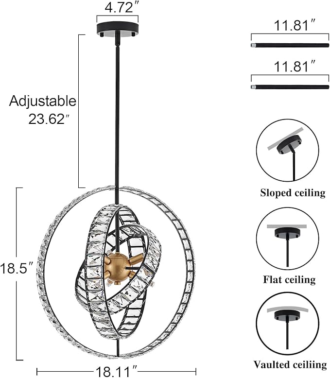 18" Crystal Globe Sputnik Chandelier, 6-Light Black Gold Modern Adjustable - Image 2