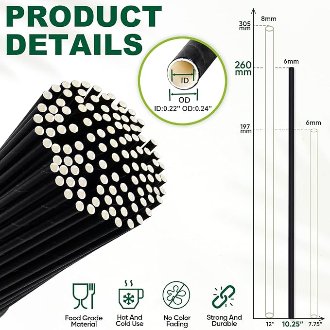 10 Inch Tall Disposable Black Paper Drinking Straws, 0.24" Diameter - Image 3