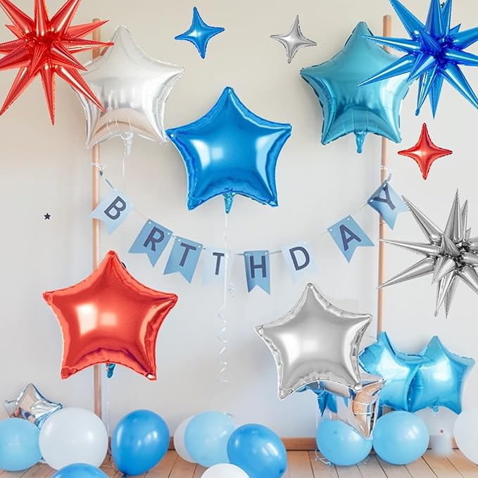 16 Pcs Red Blue Silver Star Balloons, 22/18/10 Inch Foil Balloons, Four-Pointed - Image 4