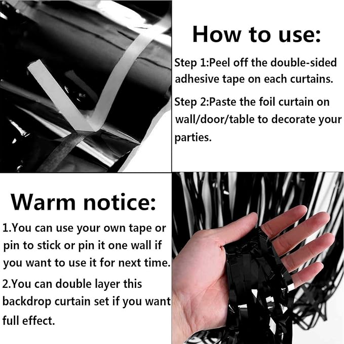 4 Pack Black Foil Fringe Curtain Backdrop, 3.28Ftx9.84Ft Metallic Tinsel Foil - Image 3