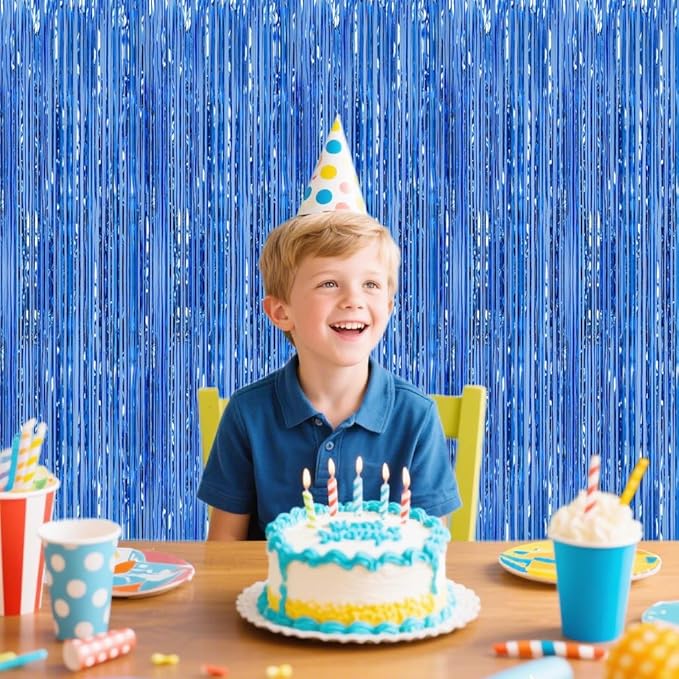 Blue Foil Fringe Backdrop Curtains, 2 Pack Tinsel Streamers Birthday Party - Image 2