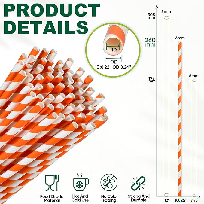 Orange Striped Paper Drinking Straws, 10.25 Inch Long, Halloween Party - Image 3