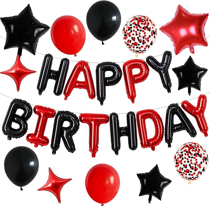 Happy Birthday Balloon Banner Red and Black, 16 Inch Mylar Foil Letter Balloons - Image 8