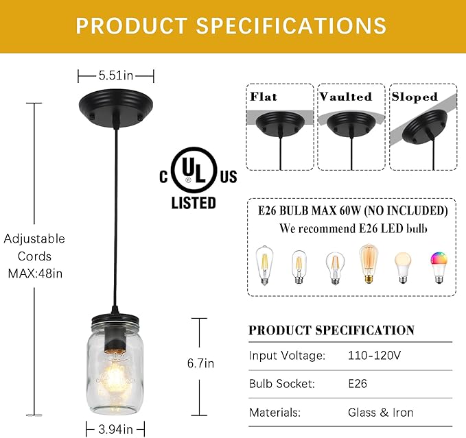 Black Pendant Lights, 2 Pack Clear Glass Pendant Lights Kitchen Island - Image 4