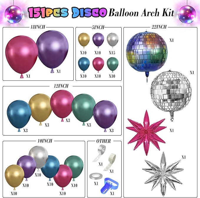 150Pcs Metallic Disco Balloon Arch Garland Kit, Chrome Purple Hot Pink Blue - Image 2