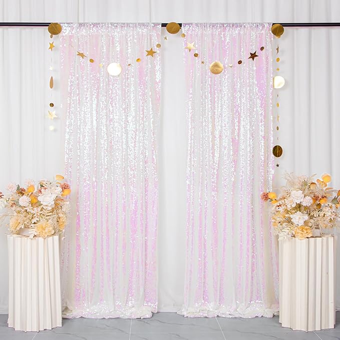 ShinyBeauty Sequin Backdrop Curtains 2FTx8FT 4 Panels Iridescent White - Image 2