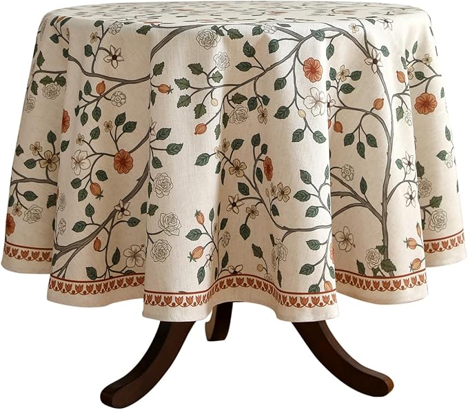 ISAENNE Designer Floral Round Tablecloth, French Linen Light Beige Indoor Table by Isaennehomedecoration