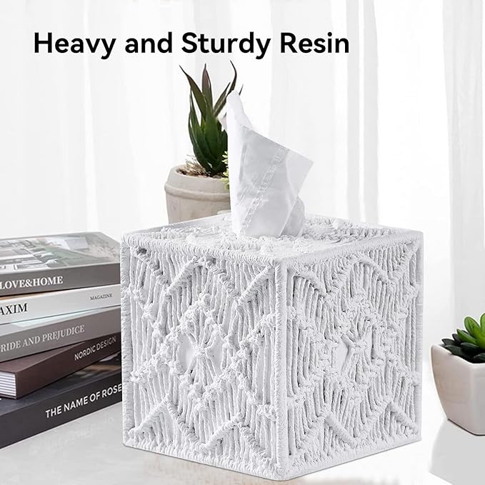 White Woven Macrame Boho Tissue Box Cover Square - Image 5