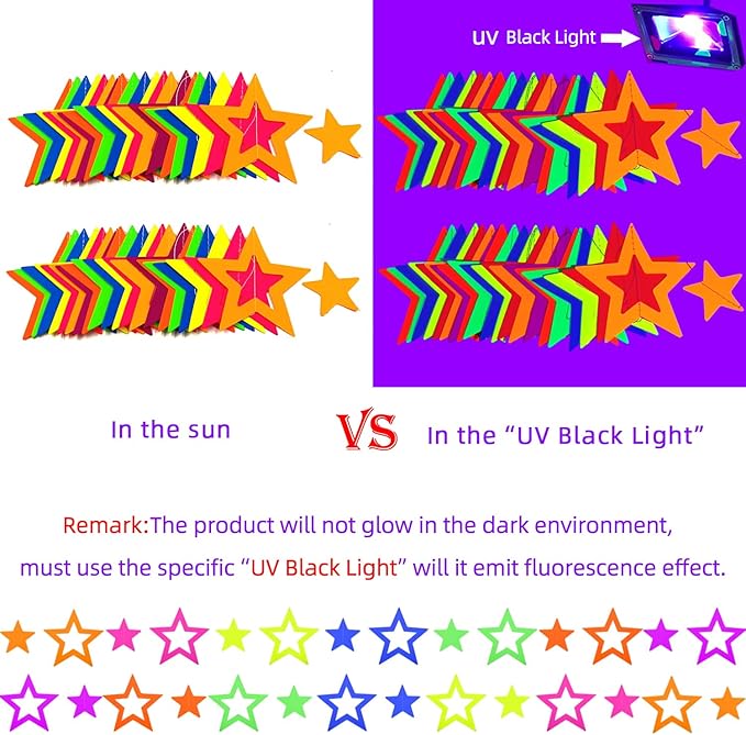 126feet UV Paper Garland Hollowed Star Neon Streamers Black Light Decorations - Image 2