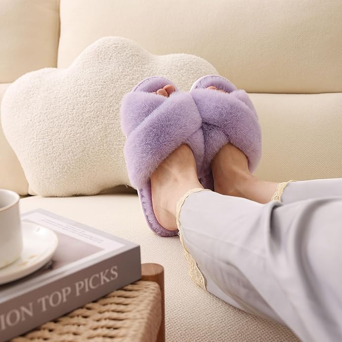 Evshine Women's Fuzzy Slippers Cross Band Memory Foam House Slippers Open Toe - Image 6