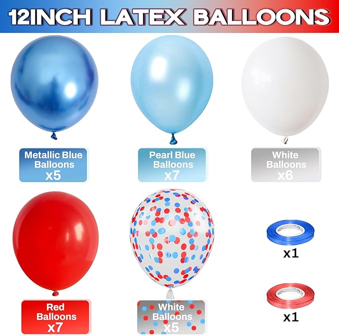 Red White Blue Balloons, 12 Inch Pearl Metallic Blue Red White Confetti Latex - Image 2