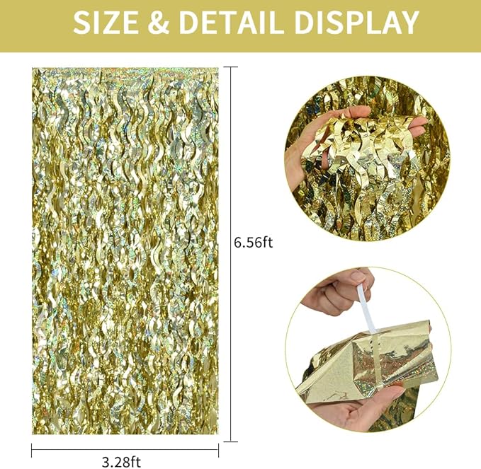 TONIFUL 3Pcs Wavy Metallic Tinsel Foil Fringe Curtains Champagne Gold Streamer - Image 2