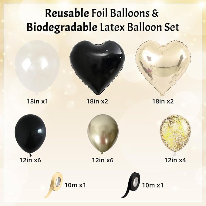 Light Gold and Black Balloons Heart Shape Balloons - Image 3