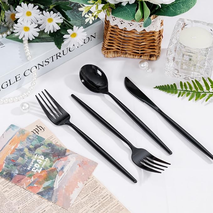 Supernal 360pcs Black Plastic Silverware Heavy Duty Black Plastic Utensils - Image 9
