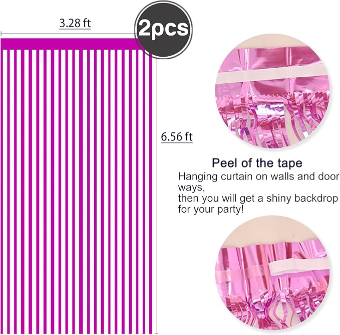 2 Pcs Hot Pink Metallic Tinsel Foil Fringe Curtains Backdrop, 3.28 ft x 6.56 ft - Image 2