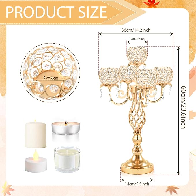 5-Arm Crystal Candelabra Centerpiece 23.2" Tall - Image 2