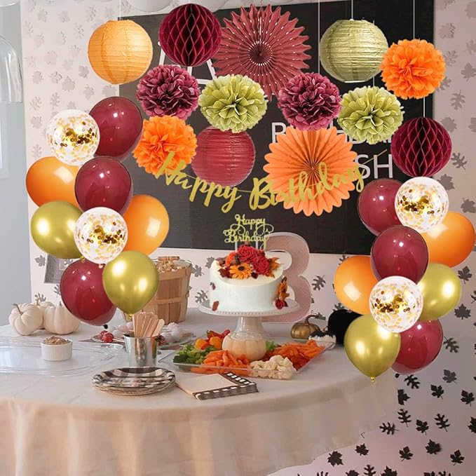 Fall Birthday Decorations Burgundy and Orange Party Decorations Pom Poms - Image 5